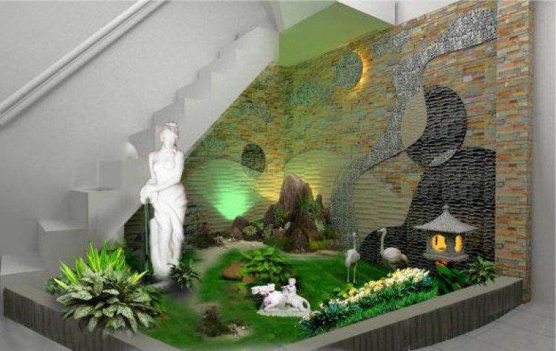 Thiết kế tiểu cảnh ch&acirc;n cầu thang đẹp